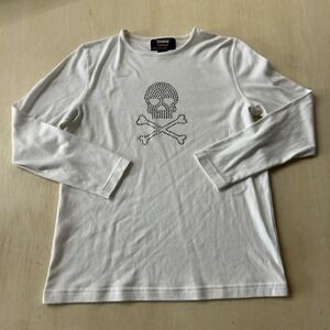Y2K Rhinestone Skull Crossbones Shirt Womens Medium Long Sleeve Tee